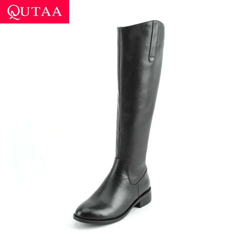 

QUTAA 2020 New Winter Cow Leather Knee High Boots Fashion Metal Buckle Retro Low Heel Comfortable Casual Long Boots Size 34-40