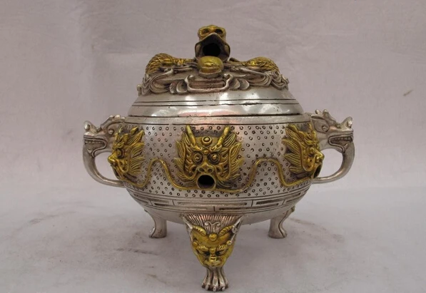 150701 S2265 China Buddhism Copper silver Gild fengshui Dragon carved Censer incense burner | Дом и сад