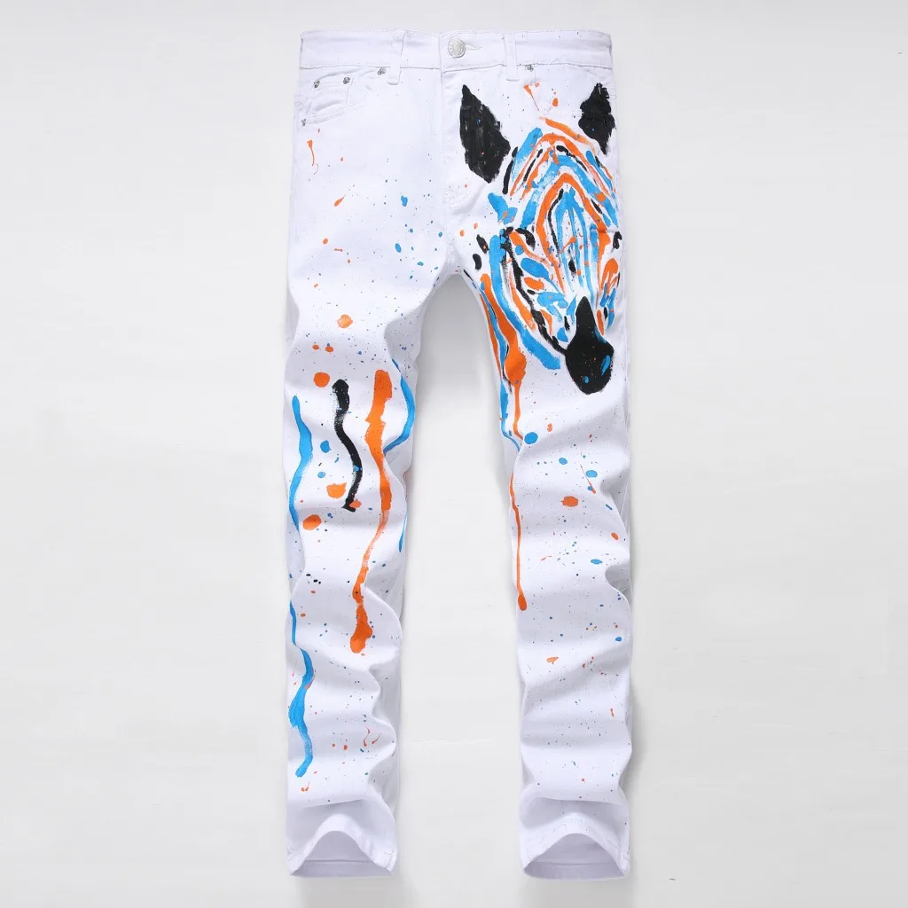 2016 New Fashion Slim Fit White Skinny Jeans Men Spandex Stretch Jeans Pants Colour Painting