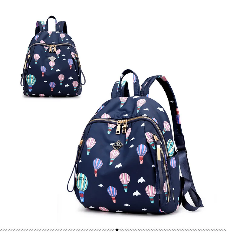 Women Floral Nylon Backpack Female Fashion Printing Casual Rucksack Famous Lady Girls Large Black Purple Blue Soft Shoulder Bag (17)