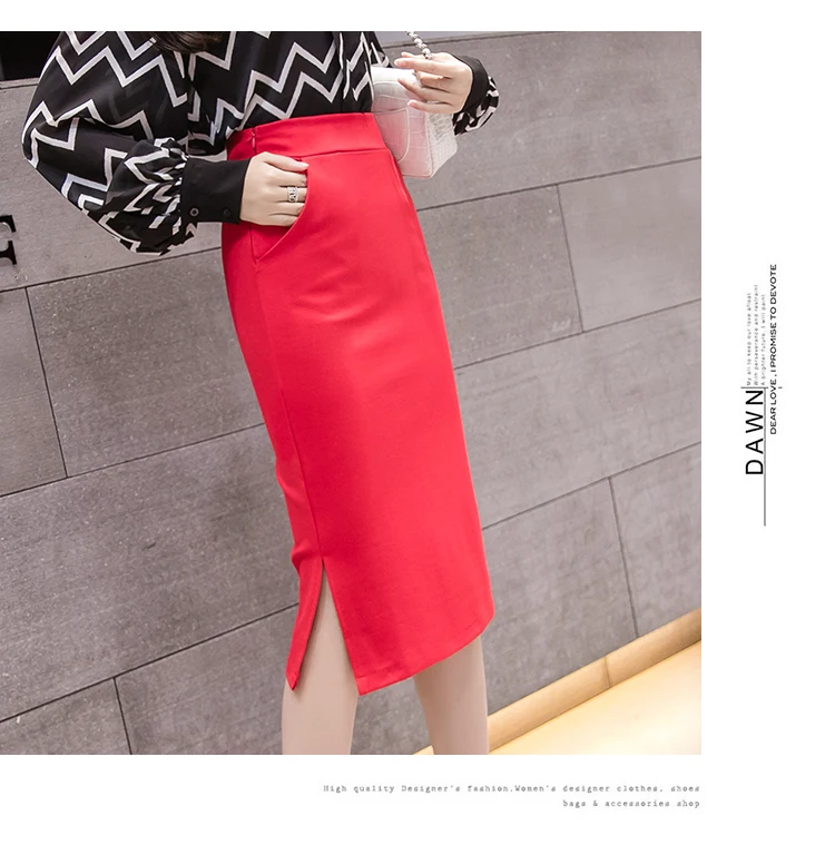 S-5XL Plus Size New Fashion Elegant Women's Midi Pockets Skirt Slim OL Sexy Open Slit Pencil Skirt Knee-Length Office Lady Skirt