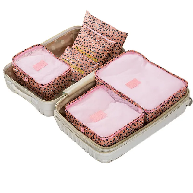 6 шт./компл. Для мужчин и Для женщин больших размеров Чемодан дорожные сумки Упаковка кубики Организатор мода двойной молнии непромокаемая сумка, полиэстер - Цвет: Pink leopard print