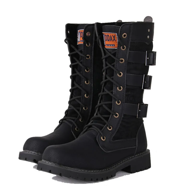 

Quality Mid Calf Mens Boots Leather Fall Winter Shoes 2018 Lace up Buckle Punk Motorcycle Boots Height Increase Security Boots