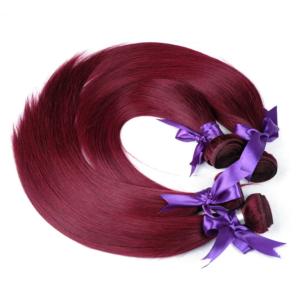 Бордовый прямые волосы 3 Связки с закрытием красный перуанской пучки волос плетение с закрытием волос Shining Star NonRemy