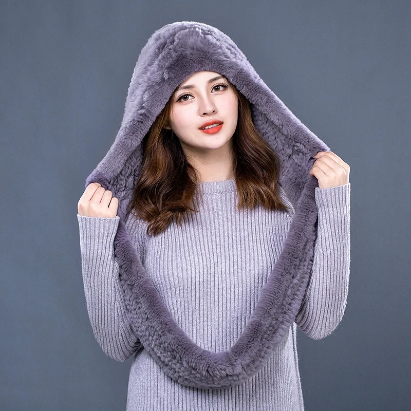 Hat Women 2017 New Knitted Real Rex Rabbit Fur Hat Hooded Scarf Winter Warm Natural Fur Hat With Neck Scarves (18)