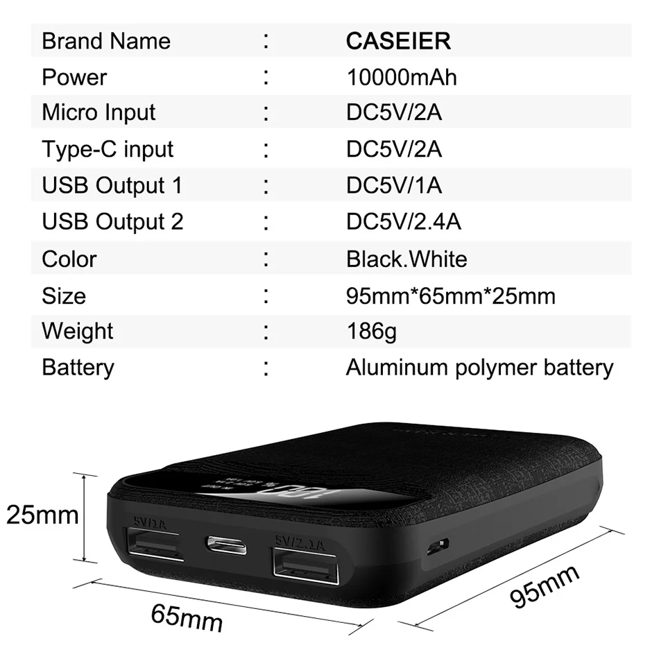 CASEIER 10000 мАч портативное зарядное устройство, светодиодный дисплей, внешний аккумулятор для iPhone, samsung, Xiaomi, huawei