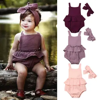 

0-24M Casual Newborn Baby Girl Sleeveless Backless Solid Color Cotton Bodysuit Jumpsuit Headband 2PCS Summer Clothes