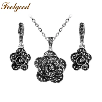 

Feelgood Antique Silver Color Vintage Jewelry Sets Black Crystal Flower Earrings And Necklace Set For Women Party Lady Gift