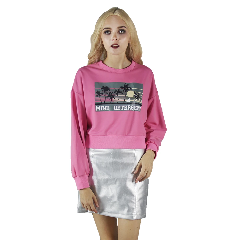 

2018 Punk College Wind Ladies Casual Pullover Round Neck Print Short Pink Girl Top Casual Sweater Silver Skirt Autumn Suit