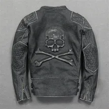 New Man Vintage Skulls Leather Motorcycle Jacket Black Stand Collar Genuine Cowhide Slim Fit Men Biker Coat Size M-3XL