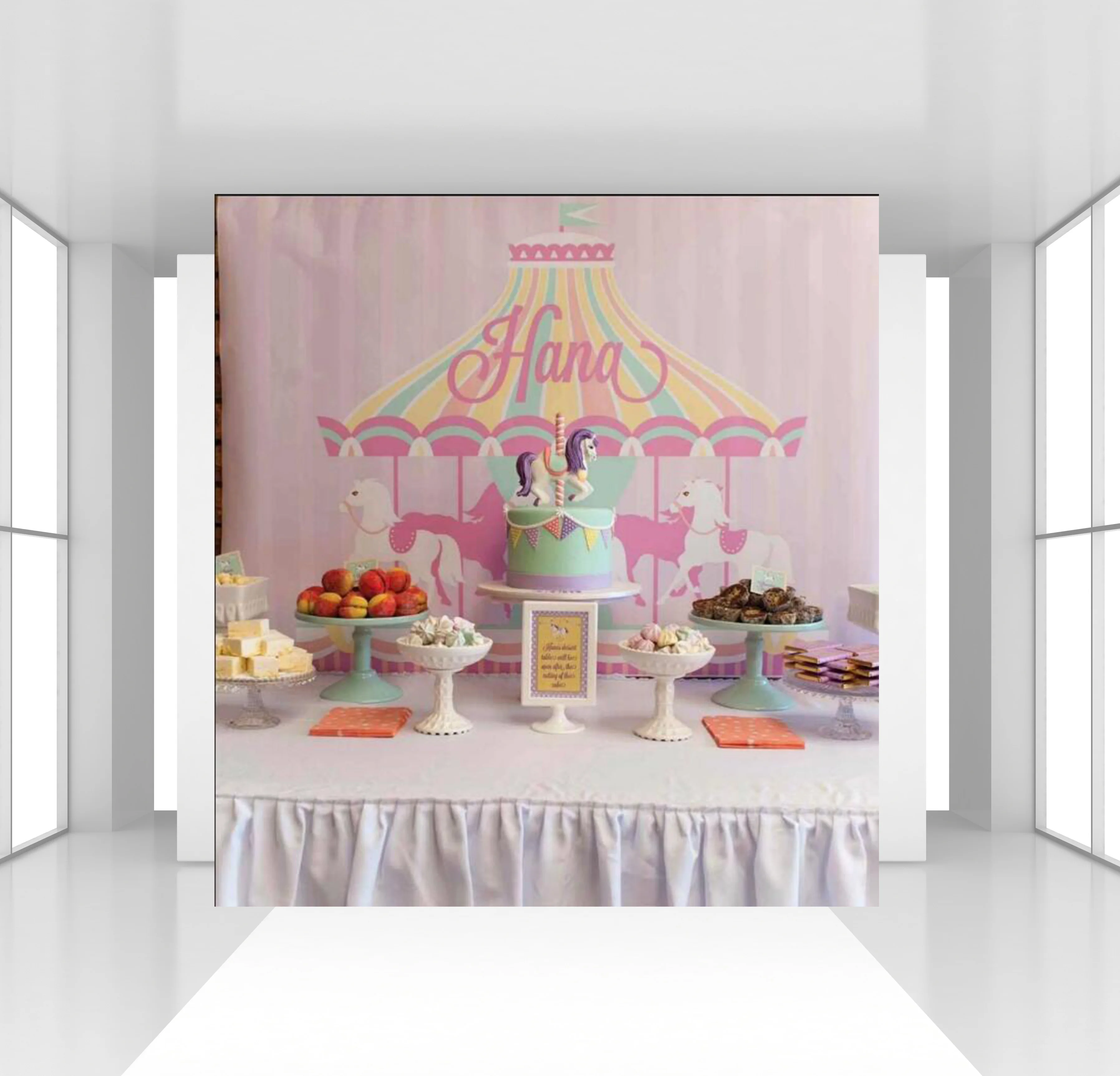 

HUAYI Custom Circus theme Backdrop photophone dessert table deocr Carousel baby shower birthday pink girl photocall background
