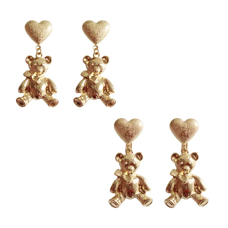 

5.1 cm Length Lovely Gold Color Animal Heart Bear Non Piercing Clip Earrings For Women Lady Femme Girls Gifts