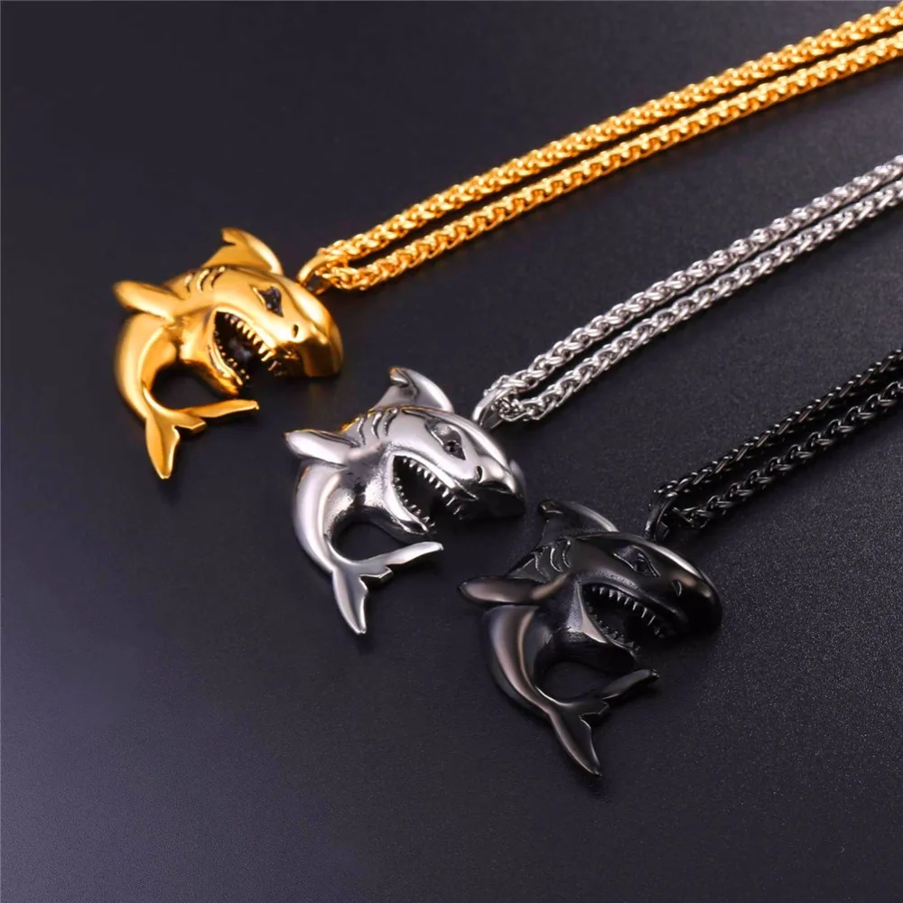 Ожерелье с подвеской в форме акулы, Золотой/черный цвет/панк ювелирные изделия из нержавеющей стали, ожерелье с акулой цепочкой для мужчин GP2591