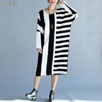

82 Plus size clothing spring medium-long white and black stripe o-neck basic shirt plus size one-piece loose dress