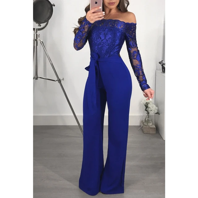 Mono de encaje con apliques para mujer, peto Sexy con hombros descubiertos y cuello de barco, mono de manga larga para mujer, mono con pernera ancha 3XL elegante Mono de encaje con apliques para mujer, peto Sexy con hombros descubiertos y cuello de barco, mono de manga larga para mujer, mono con pernera ancha 3XL elegante