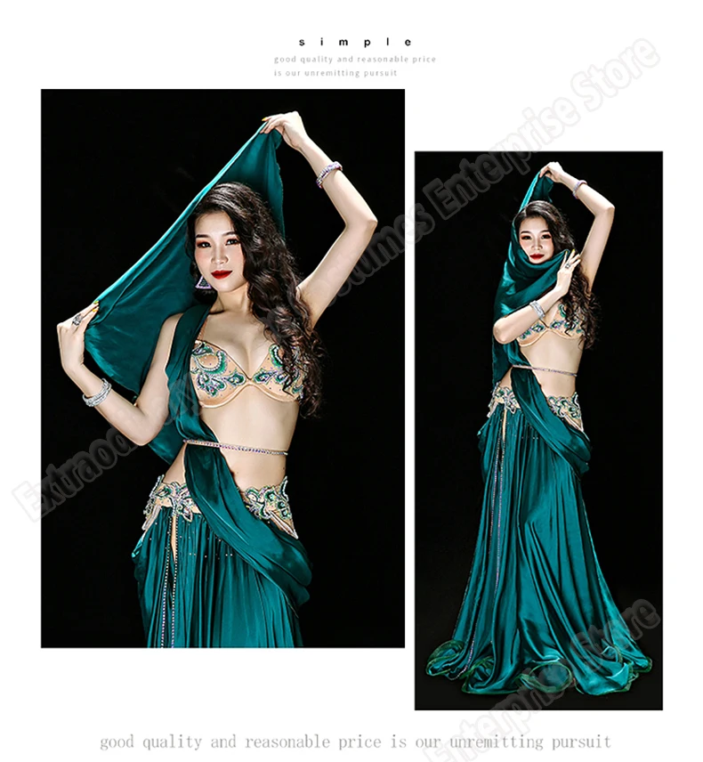 Женский Карнавальный костюм для танца живота, сексуальный бюстгальтер, юбка, пояс, сценические костюмы, одежда для восточных танцев, зеленый, красный, 2 цвета