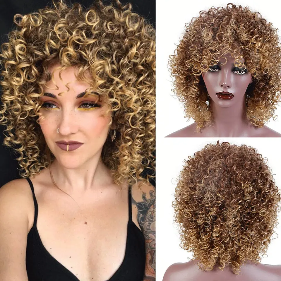 AOSI WIG Synthetic Afro Kinky Curly Hair African American Wigs Brown