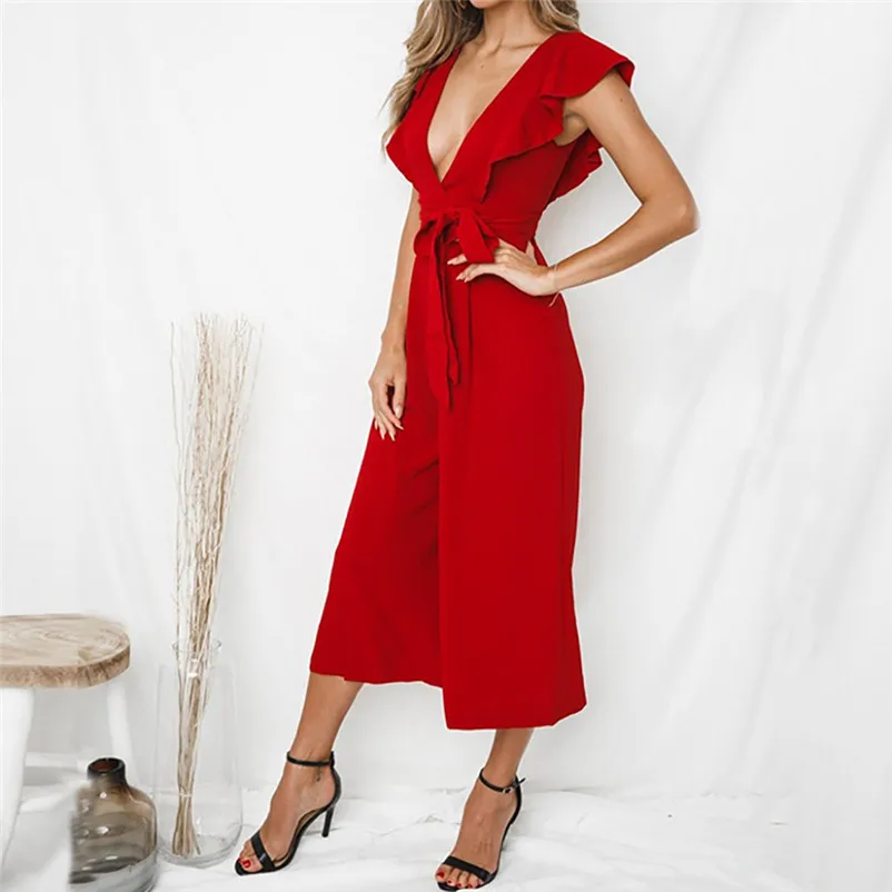 Fashion summer jumpsuit woman 2018 Sexy Deep-V Rompers Solid Short Sleeve Ruffles Long Jumpsuit pantaloni siamesi Y12#N (16)