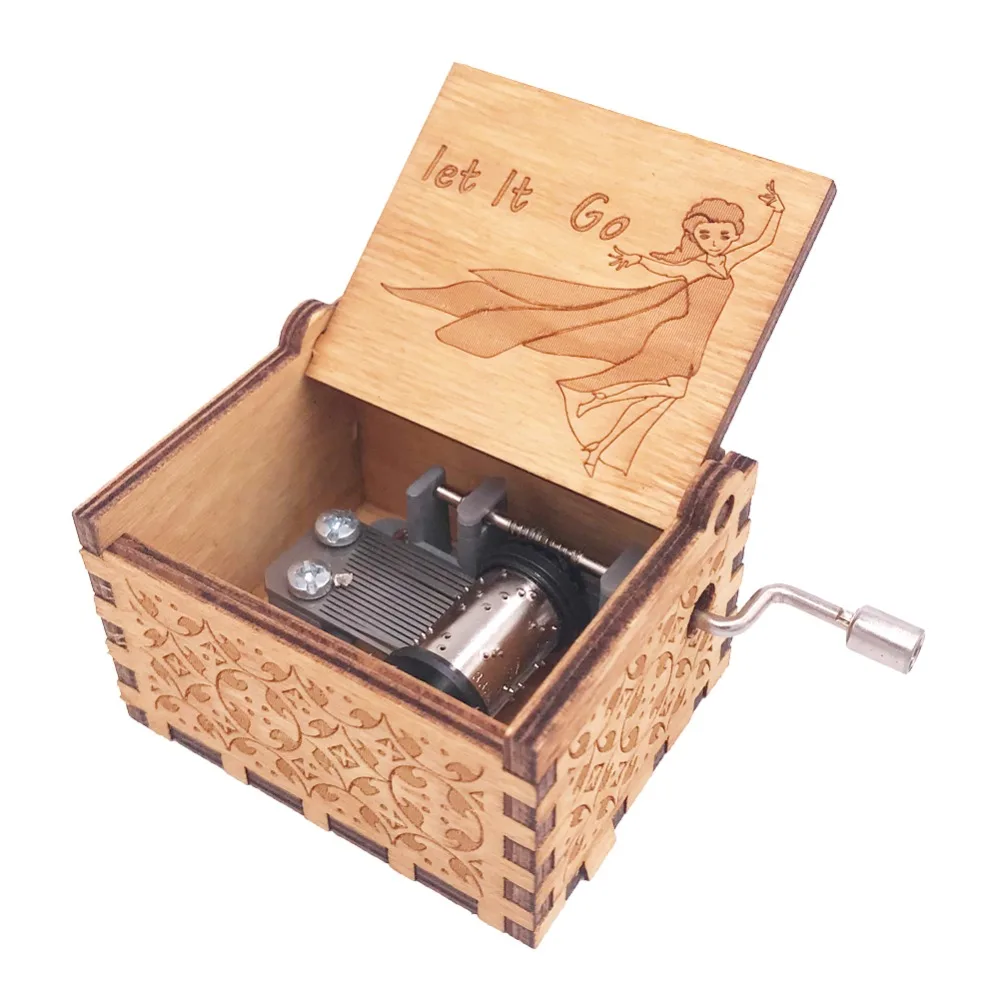 Caja Musical de manivela de mano congelada caja Musical de 18 notas tallada juguetes musicales de madera para niños regalo de Navidad para niños, Play Let it Go