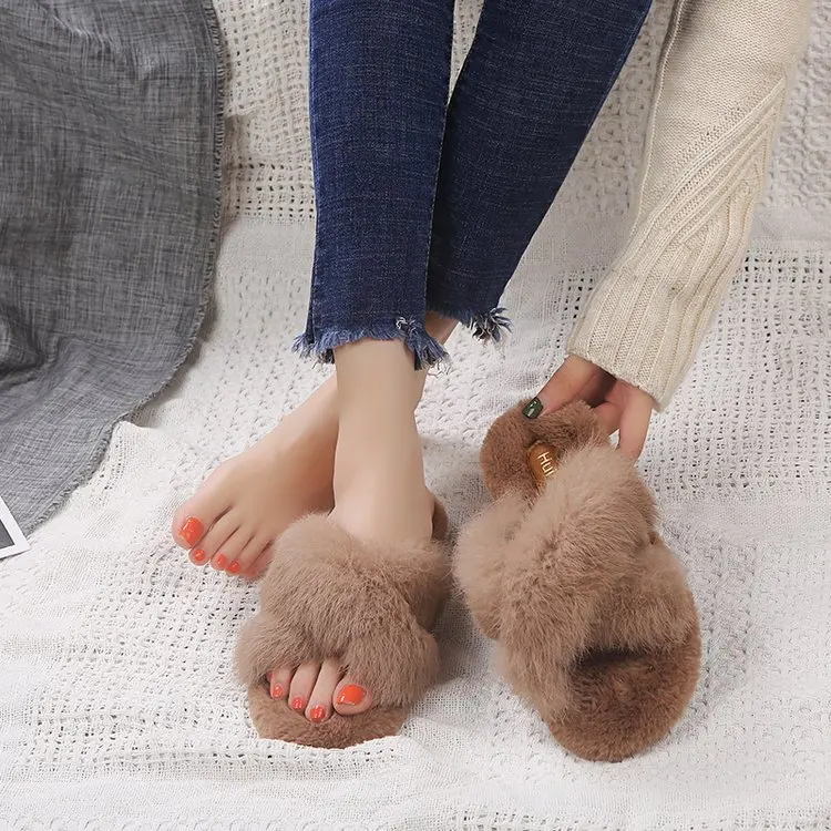 

Women Shoes Rabbit Fur Slippers Autumn Winter Flats Furry Slides Cross Strap Shoes Comfortable Zapatos Mujer Black Apricot Khaki