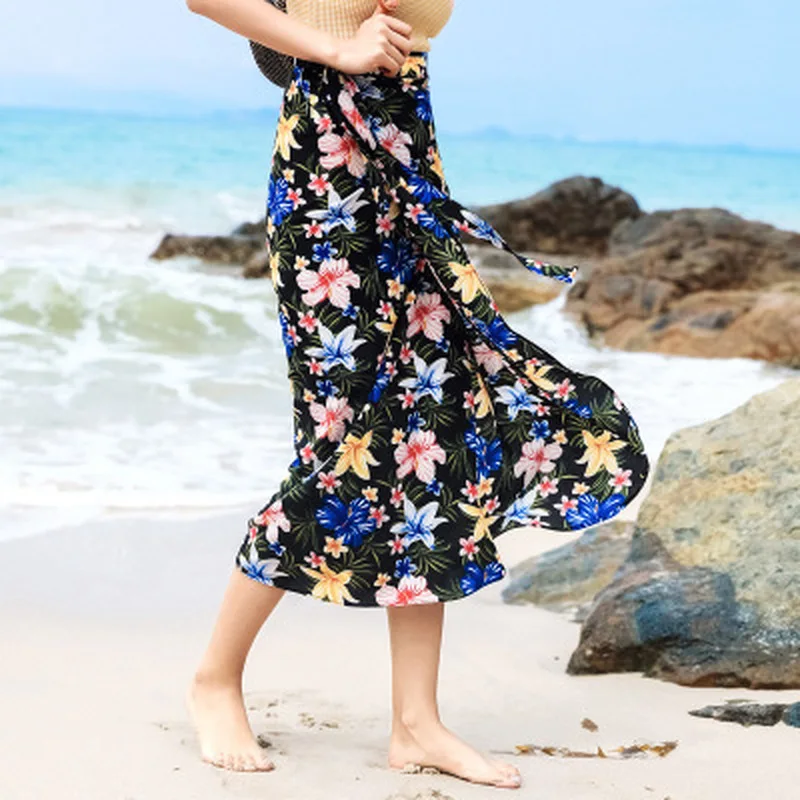 

Bohemia Print Women Skirts High Waist Midi Skirt Bow Tie 2019 Summer Sexy Split Wrap Skirt Floral Long Pleated Beach Skirts
