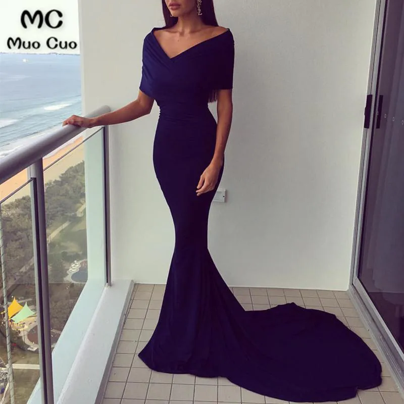 

New 2018 Mermaid Off Shoulder Evening Dresses Deeo V-Neck Half Sleeve Elastic Satin Women's Evening Dresses Dark Blue Prom Dress