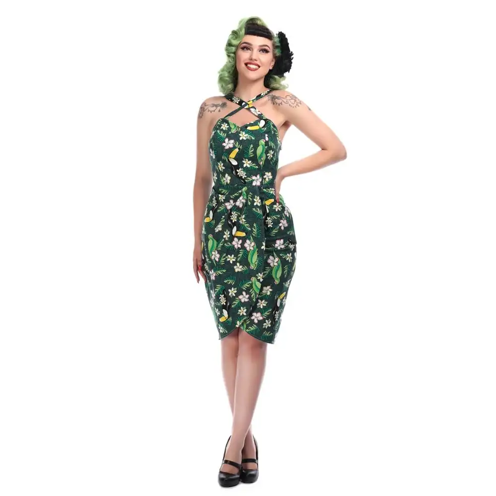 30-летний сезон от брэнда "Ретро стиль 50-х, тропические птицы высококачественные солнцезащитные очки саронг платье в зеленом цвете размера плюс кинозвезды сексуальная платья с запахом вырез в форме сердца