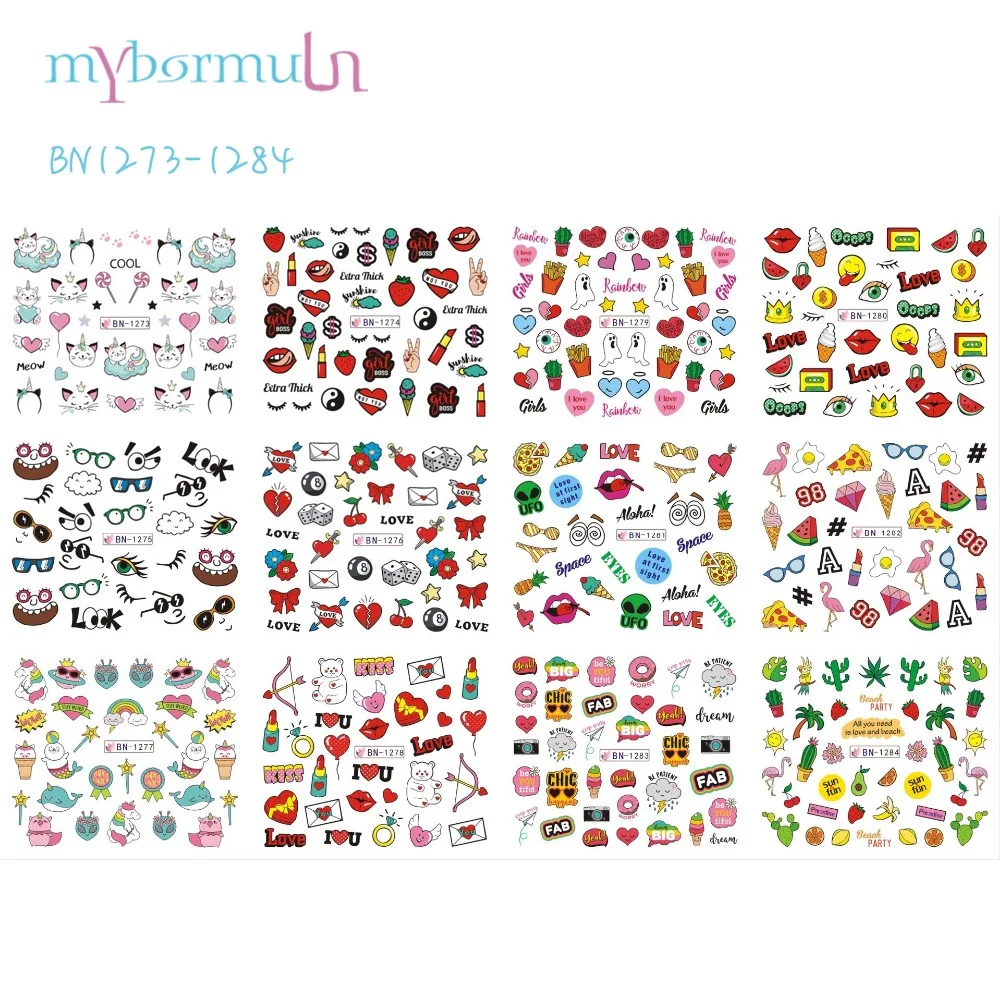 

12 Designs Foil on Nails Water Stickers Lovely Cartoon Food Lip Cat Cute Partten Nail Wraps Slider Nail Art Tattoo BN1273-1284