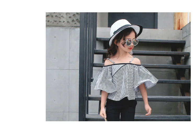 big girl summer shirt petal sleeve off shoulder black red striped blouse for girls toddler children clothing 2018 new tops clothes (8)
