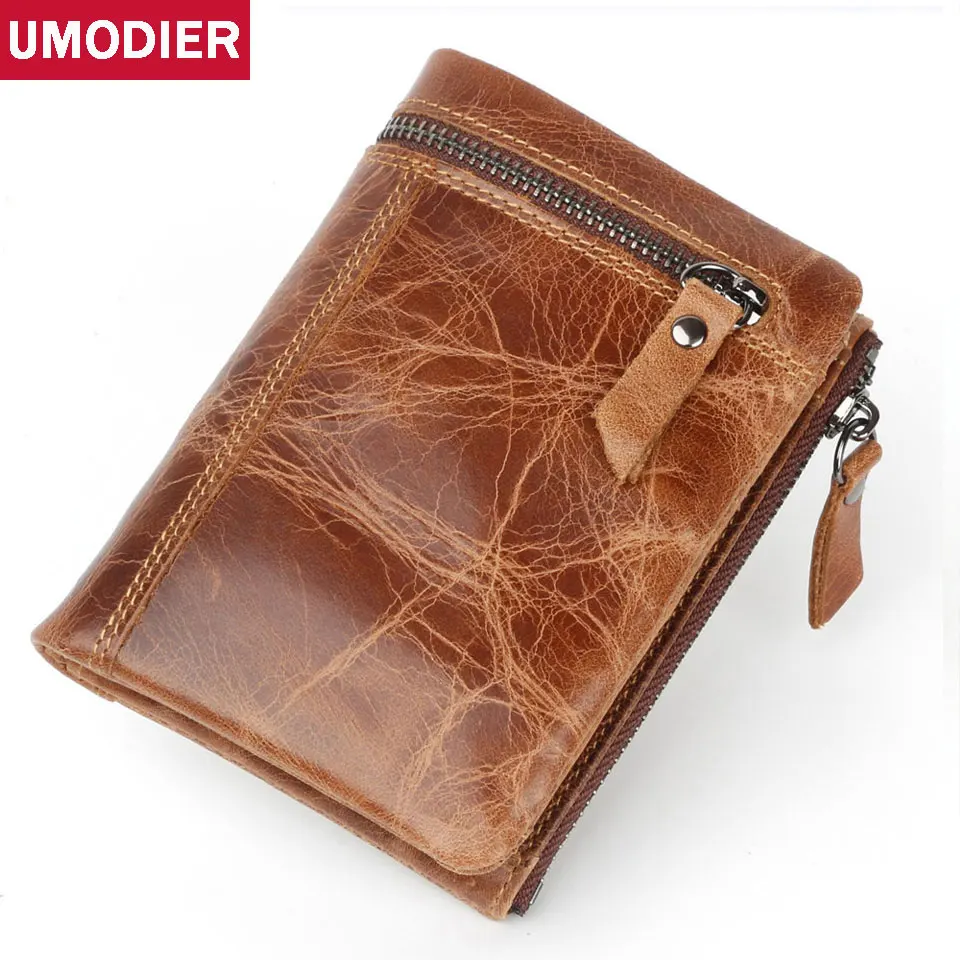 

UMODIER Crazy Horse Genuine Leather Men Wallets Credit Business Card Holders RFID Zipper Cowhide Leather Wallet Purse Carteira