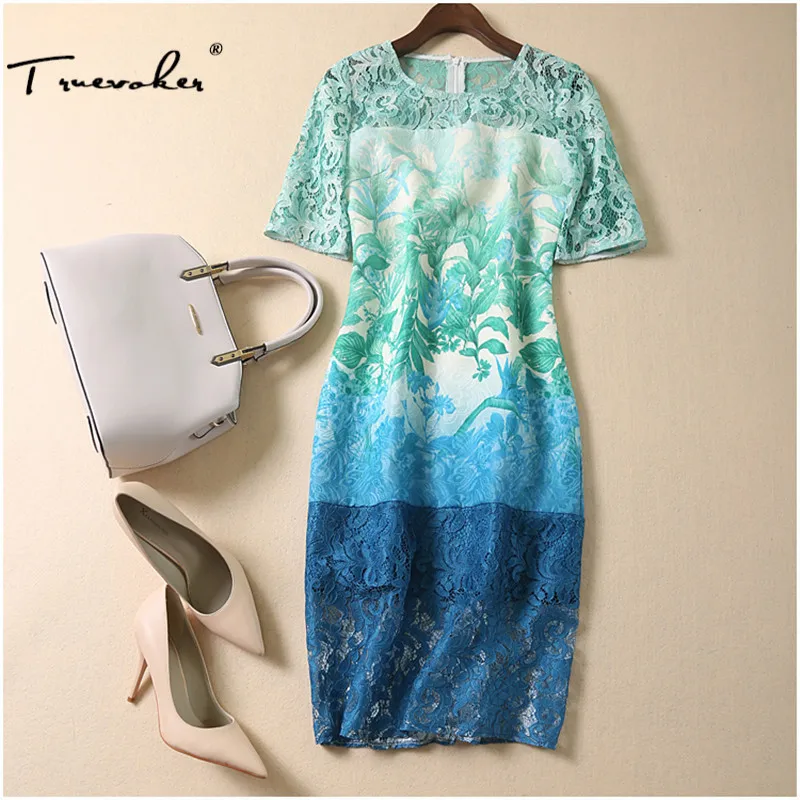 

Truevoker Designer Dress Women's High Quality Short Sleeve Gradient Color Green Printed Embossed Lace Patchwork Plus Size XXL