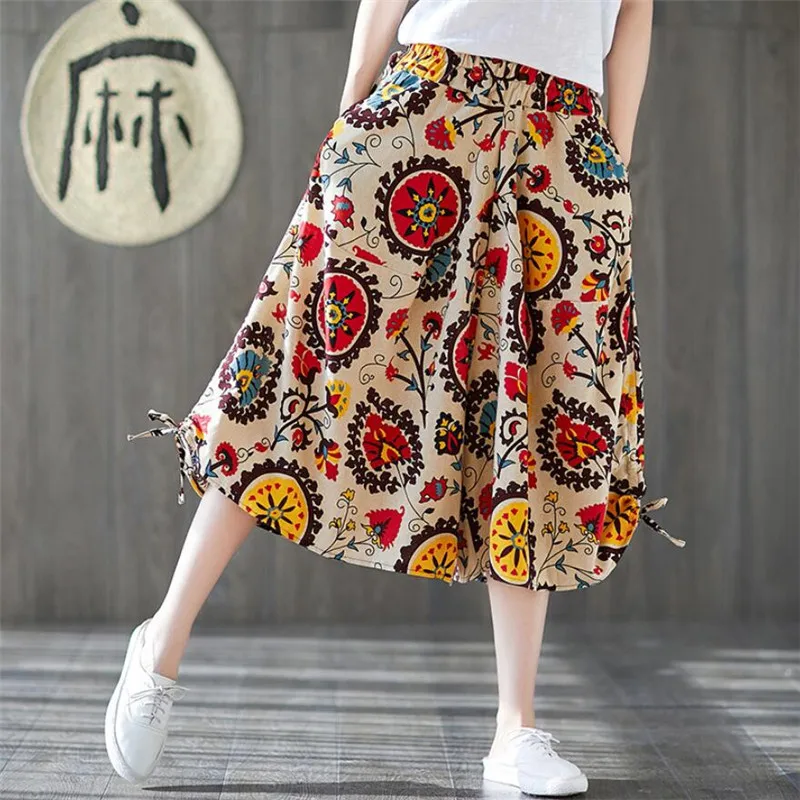 Summer Women Cropped Harem Pants Cotton Linen Wide Leg Pants Female Beach Casual Boho Print Multi-color Capri Pants Summer Women Cropped Harem Pants Cotton Linen Wide Leg Pants Female Beach Casual Boho Print Multi-color Capri Pants