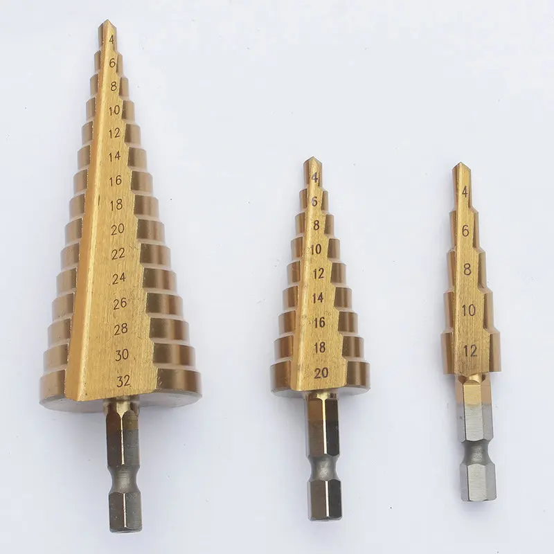 

Cone Drill Bit Set Titanium Coated Woodworking Hole Milling Cutter 4-12/4-20/4-32mm Hexagonal Shank Straight Drill