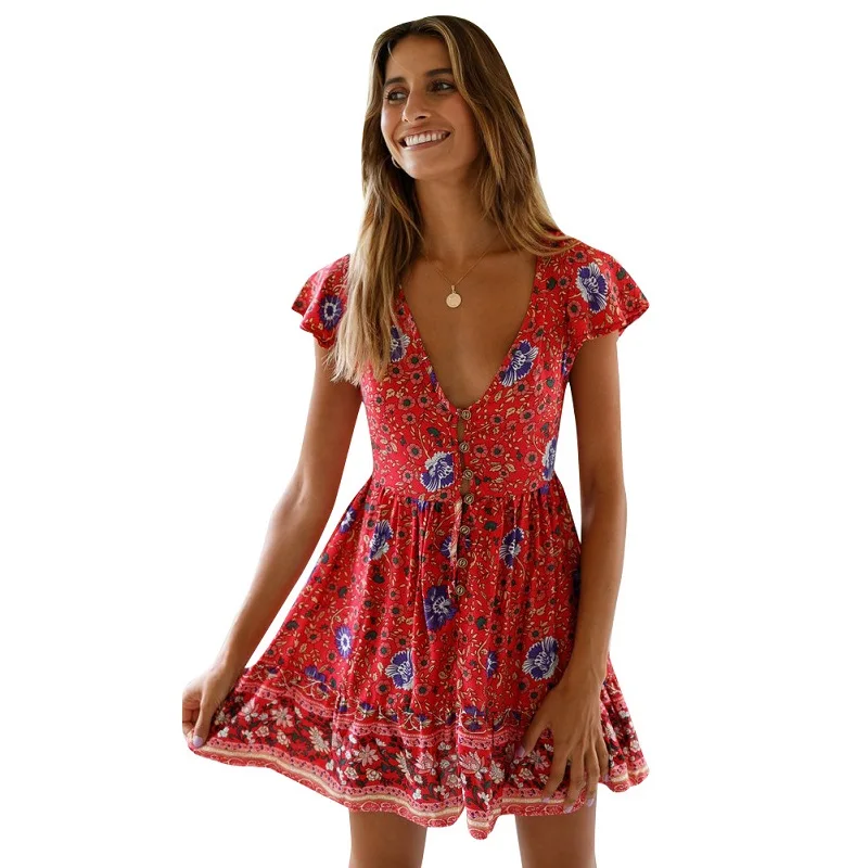 WHZHM Vestidos Кнопка Лето 2019 женское вечернее платье красное с коротким рукавом