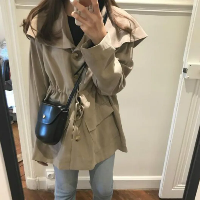 

Women Autumn Cute Big Collar Slim Waist Jacket Coat Female Drawstring Pocket Outer Windbreaker Casual Cardigan Korean Clothes