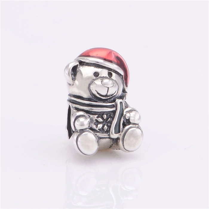 

New 100% 925 Sterling Silver Beads Little bear and red Enamel Charm Suitable for Pandora Style Charm Bracelets LW427