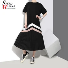 Новинка, летнее женское черное и синее длинное плиссированное платье, женское милое повседневное платье большого размера в полоску и с коротким рукавом, женское платье, стиль 3412