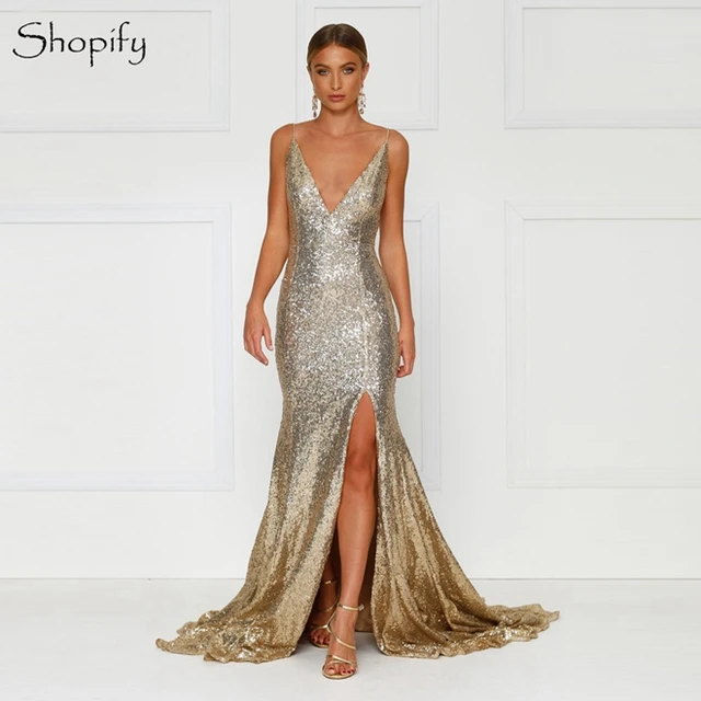 Sexy Long Gold Evening Dress 2019 Mermaid V neck Spaghetti Strap ...