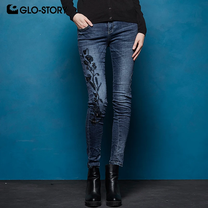 

GLO-STORY Women Floral Embroideried High Stretch Soft Ripped Distressed Skinny Jeans Woman Denim Pants WNK-7723