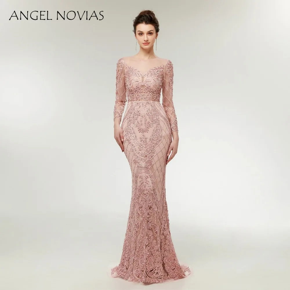 Angel Novias Abendkleider Long Sleeves Embroidery Lace Nude Pink Evening Dress Formal Dress Women Elegant