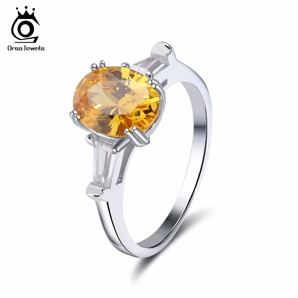 ORSA JEWELS Wedding Band For Women Prong Setting AAA Yellow Cubic Zircon Silver Color Ring Luxury Engagement Rings Jewelry AOR51