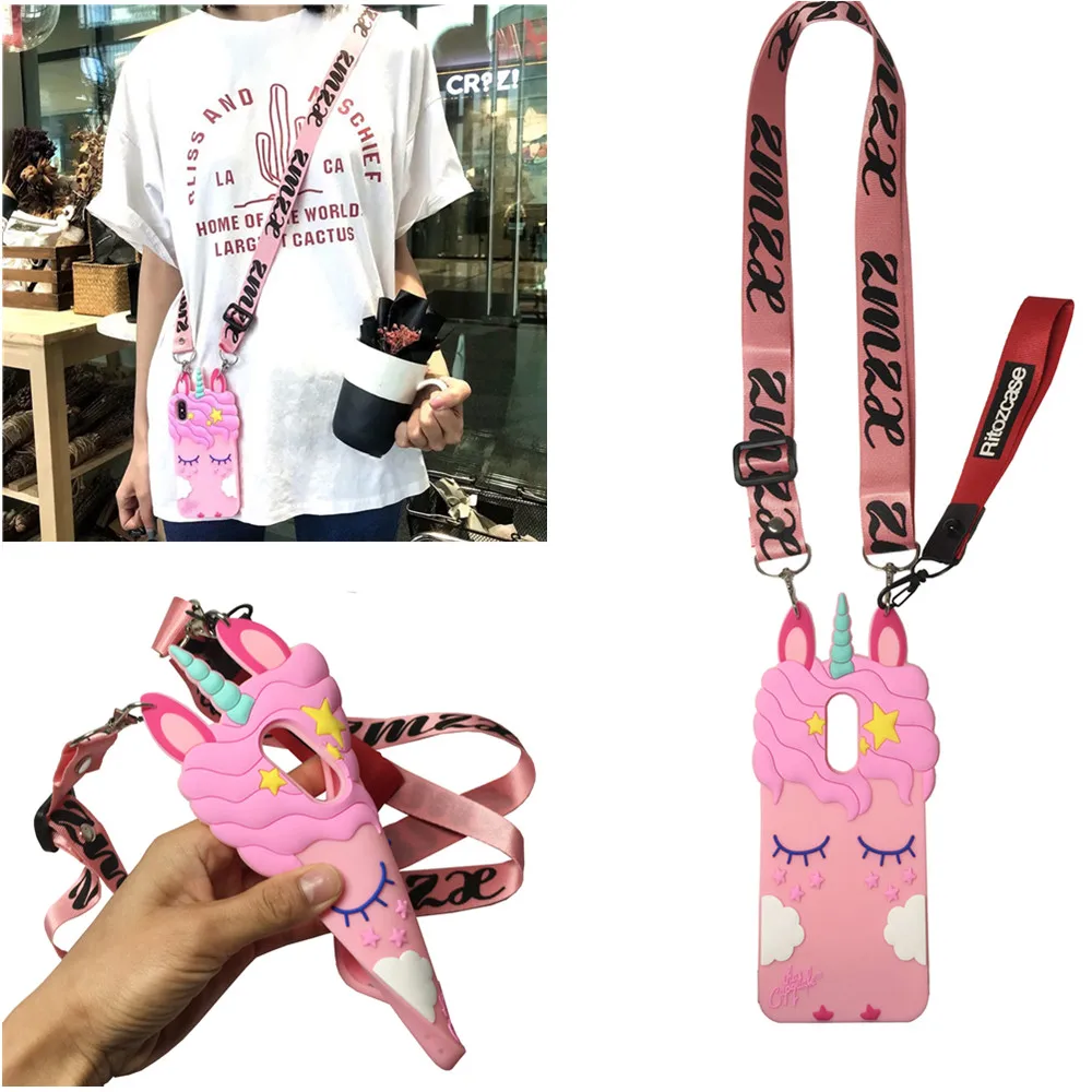 

case for xiaomi redmi 5 plus case cover 3d pink cartoon unicorn shoulder strap soft silicone phone bag cases for redmi 5 plus