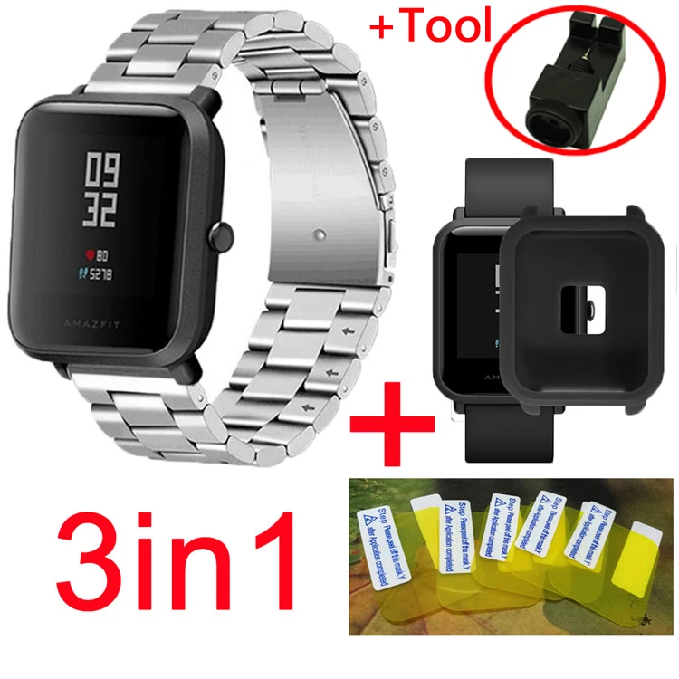 

3in1 For Xiaomi Huami Amazfit Bit bip Strap Stainless steel wristband+amazfit bit Case Silicone Soft Cover+screen protector