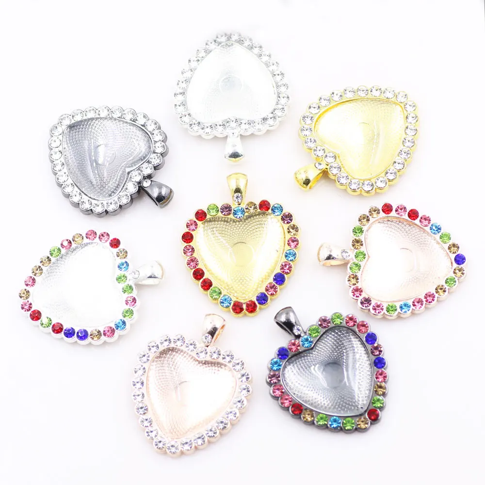 

ZHUBI 3PC Charm Heart Rhinestone Pendant Base Frame Cameo Setting Fit 24*24mm Glass Cabochon DIY Necklaces Jewelry Findings