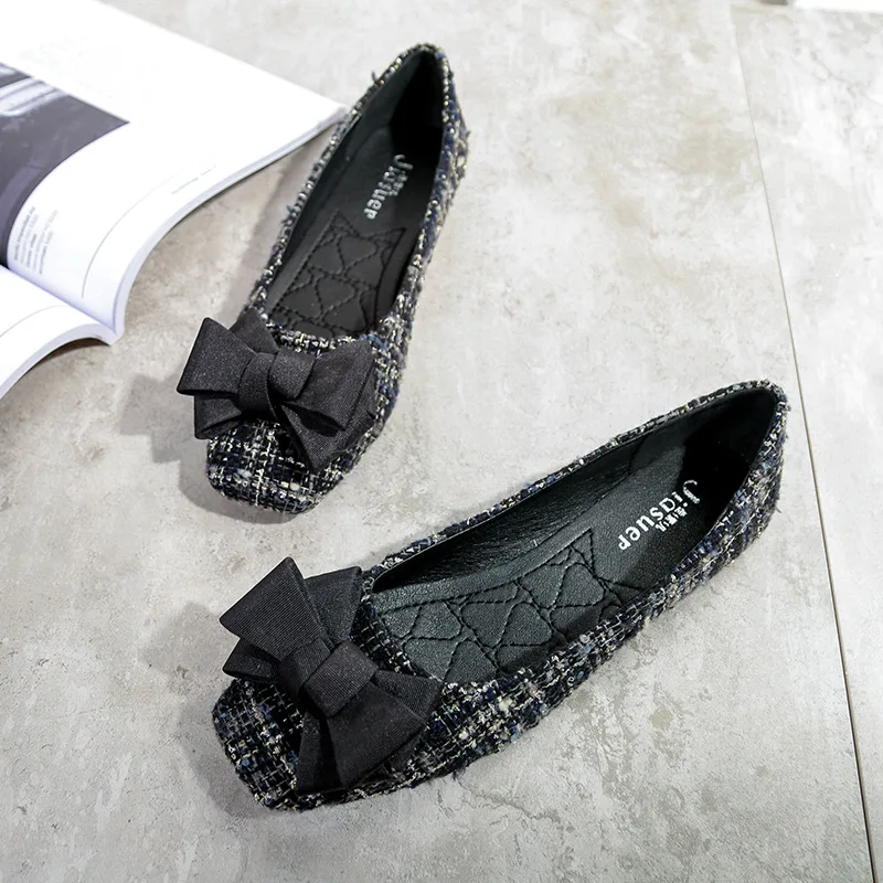 

Shoes Women Casual Square head Black for Women Flats Braid Color matching Bow Comfortable Slip on Women Shoes