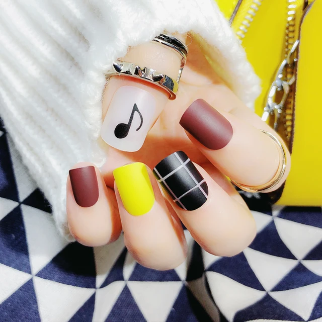 False Nails 24pcs Fashion Short Matte Yellow Black Brown White Full False Nails 24pcs Fashion Short Matte Yellow Black Brown White Full Nail Tips Gel Ms