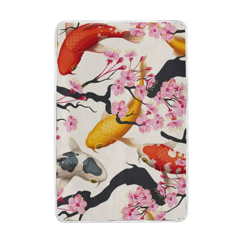 Japanese Koi Fish Sakura Flower Blanket Lightweight Soft Warm Blanket Twin Size 60x90 inches for