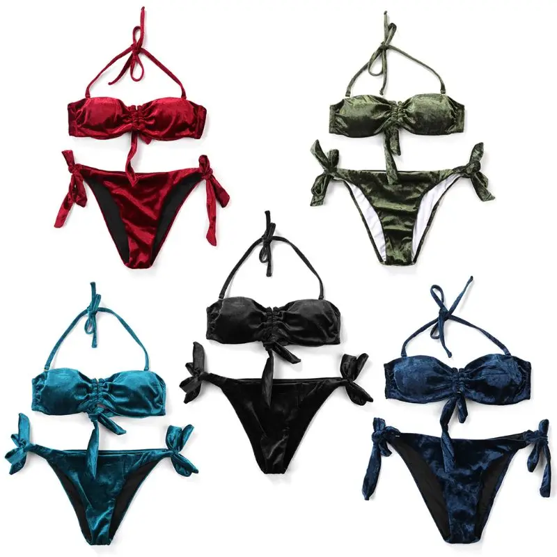 

Women Sexy Pleuche Velvet Two Piece Bikini Set Detachable Halter Strap Hollow Ruched Bra Low Waist Bowknot Tie Side Thong Glitte