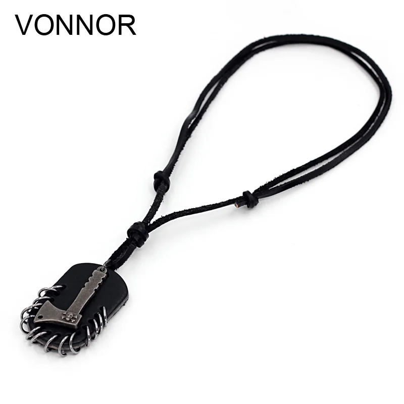 Leather Necklaces for Men Black Genuine Leather Rope Alloy ax Pendants