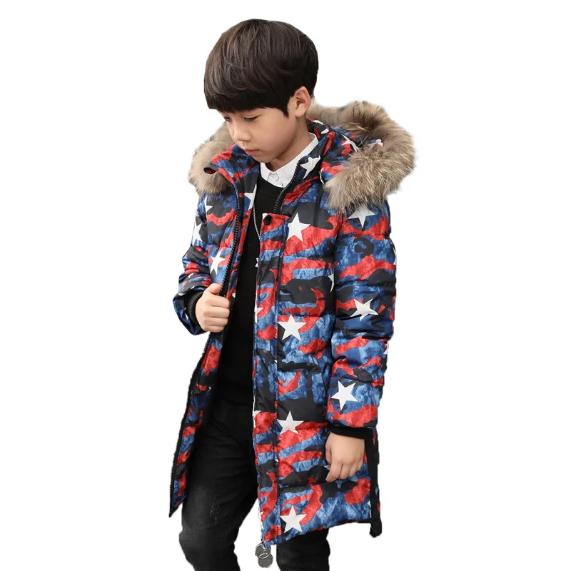 

2018 Boys Autumn Winter Warm Long Jackets Kids Fur Hooded Casual Snow Wear Down Cotton-Padded Camouflage Fashion Winter Clothes